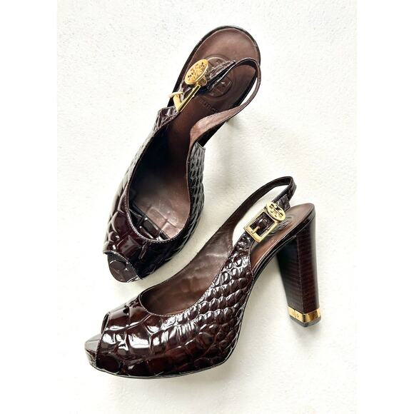 Tory Burch Shoes - Tory Burch Allison Croc Patent Leather Platform Slingback Peeptoe Heel Brown 7.5